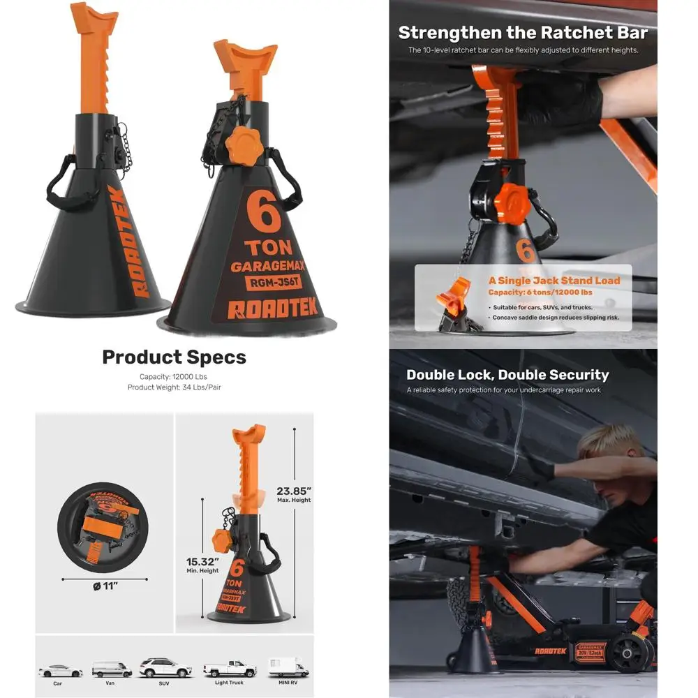 

Домкраты-подставки для автомобилей, грузоподъемность 6 тонн, регулируемые 15.5-23.75 дюймов, двойная фиксация, пара, для внедорожников, грузовиков, легковых автомобилей