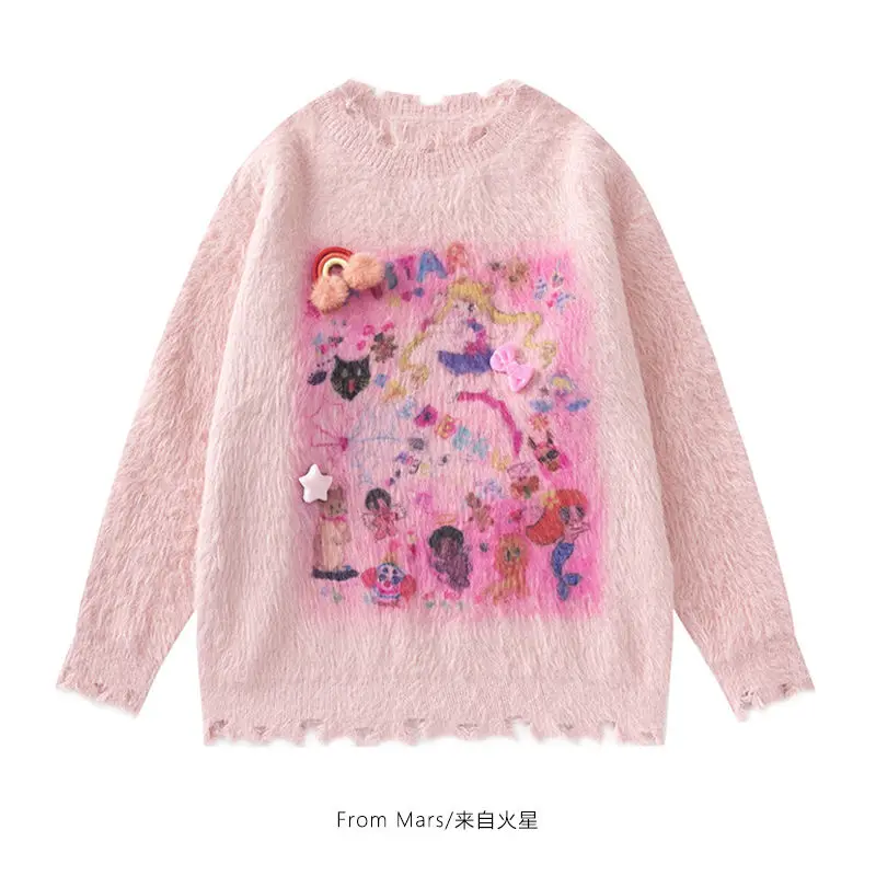 From Mars Magical World Sweet and Lazy Sailor Moon Cartoon Hole Knitted Sweater Loose and Comfortable ins Holiday Gift Kawaii