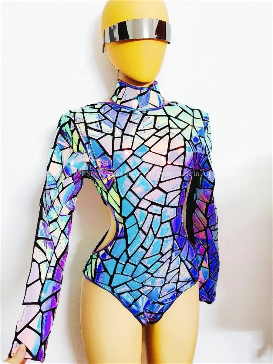 Cyber laser espelho bodysuit gogo traje feminino dançarino jazz dança collant boate bar festa sexy desempenho palco wear traje