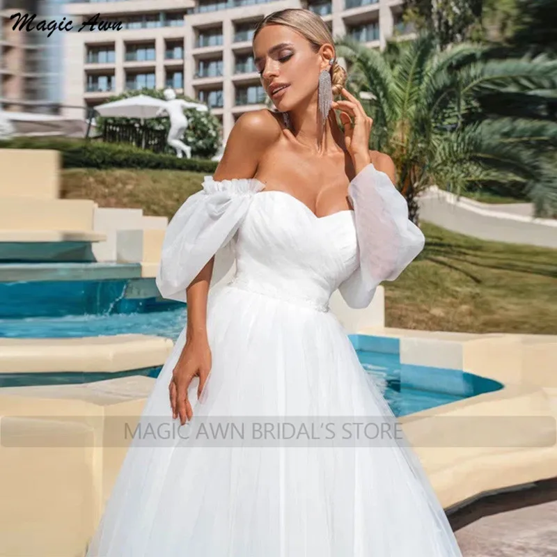 Magic Awn Off The Shoulder abiti Da Sposa bianchi Boho Soft Tulle Lace-Up Back Beach Mariage abiti per le donne Abito Da Sposa