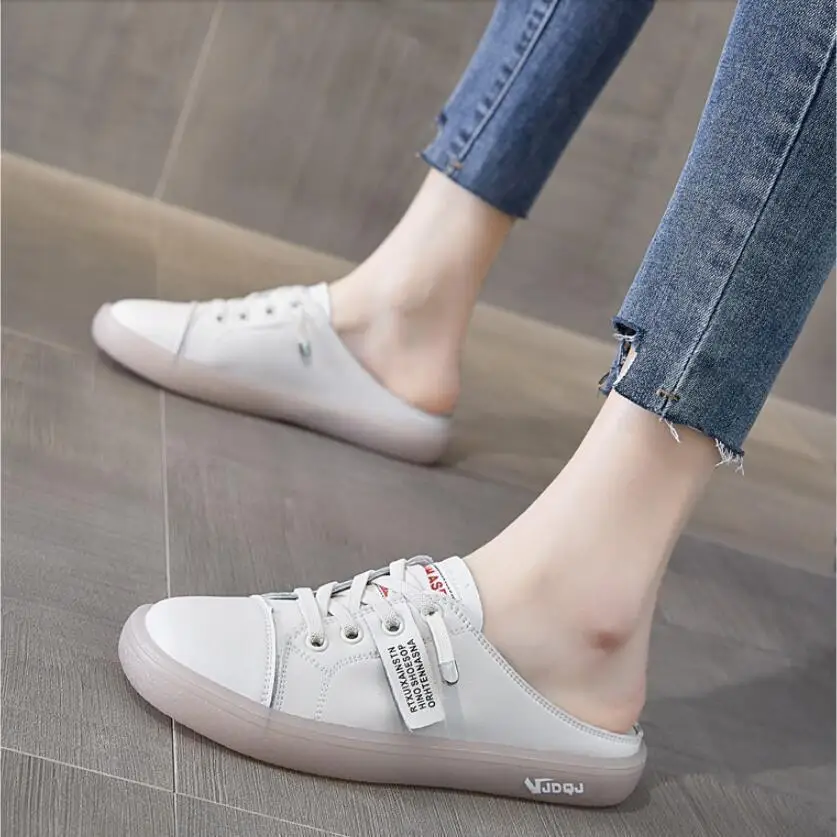 Shoes Job Off White Summer 2024 Mules Slides Leather Women\'s Slippers and Ladies Sandals Junior Low Heel Round Toe Casual Shoe Y