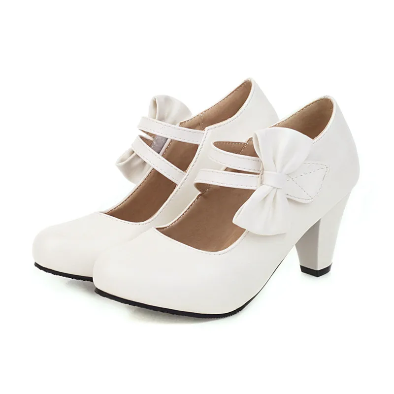Fashion Women's Shoes Mary Jane Girls Shoes Bow High Heels Shallow Mouth Round Toe Women's Party Wedding Shoes Plus Size 33-48