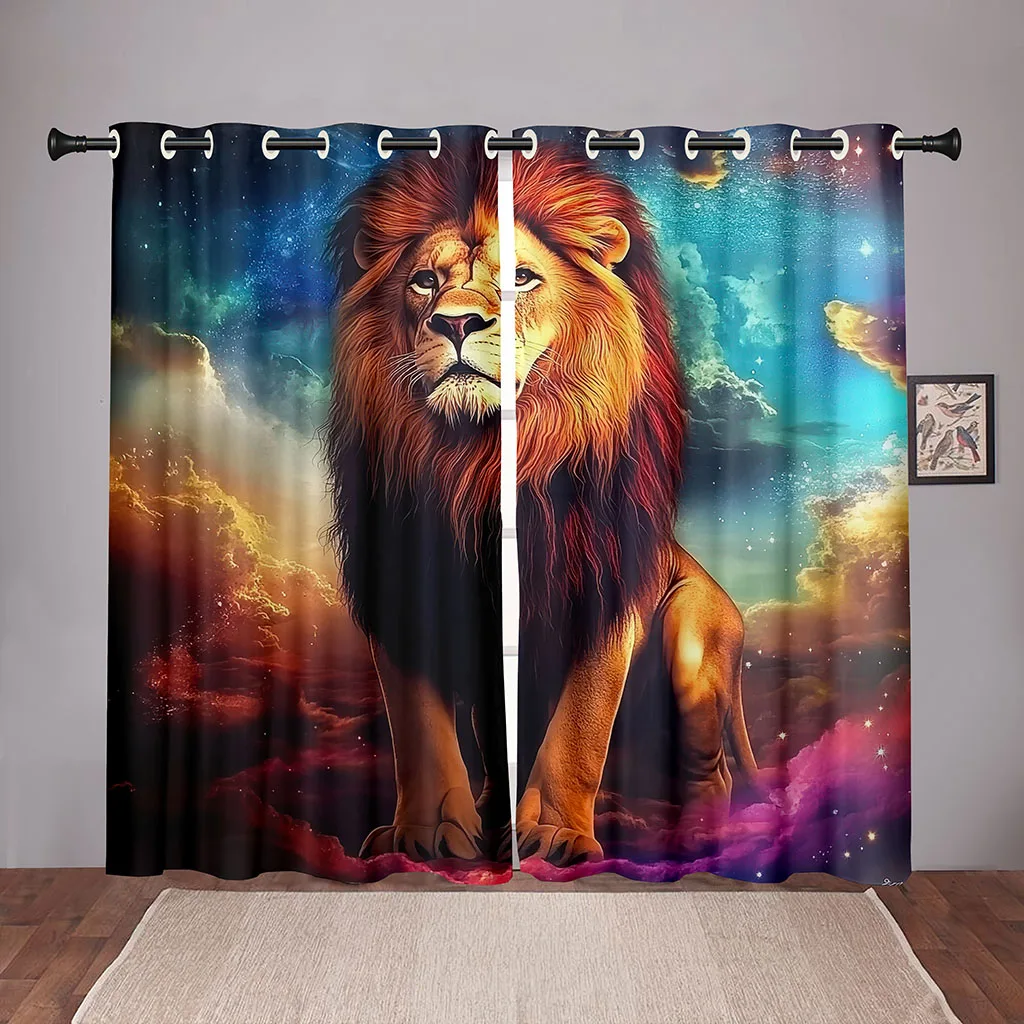 2 Piece Dream Lion Curtain Mighty Lion Dazzling Starry Sky Suitable for Living Room Bedroom Children's Room Window Decoration