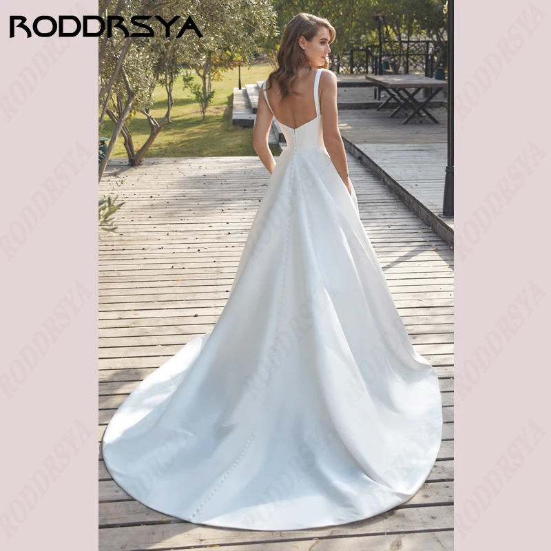 RODDRSYA gaun pernikahan kerah persegi V-Neck Civil gaun pengantin Satin gaun A-line Backless kancing pesta pengantin tali Spaghetti