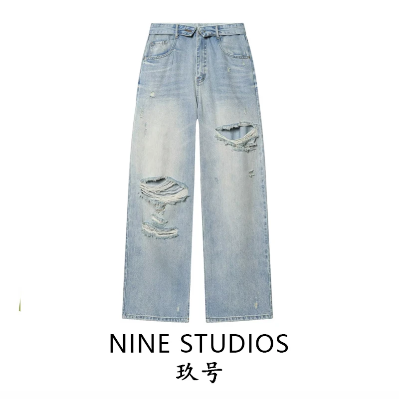 

Retro Style Casual Denim Jeans High Waist Cuffed Hole Decoration Ladies Straight Leg Jeans Spring Season Micro Stretch