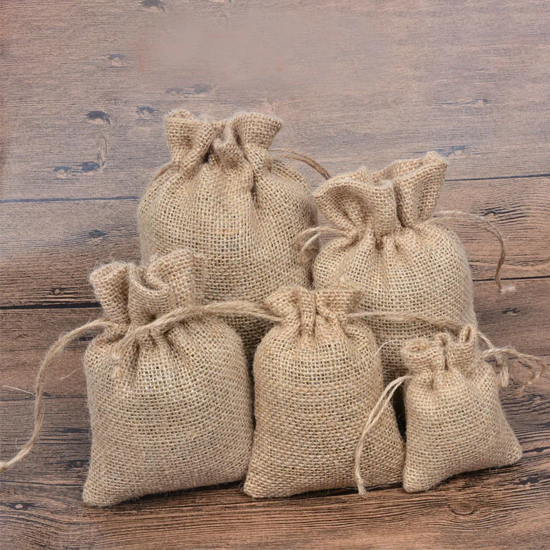 20pcs/lot Jute Drawstring Bags With Handles Gift Packaging Party Favor Candy Burlap Pouch Custom Logo