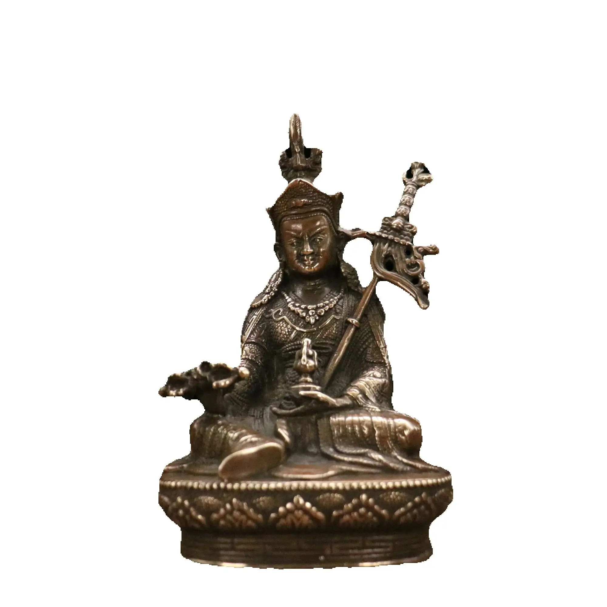 

6"Xizang Folk Old Brass Patina Padmasambhava Guru Rinpoche lotus platform Worship Hall Town house Exorcism