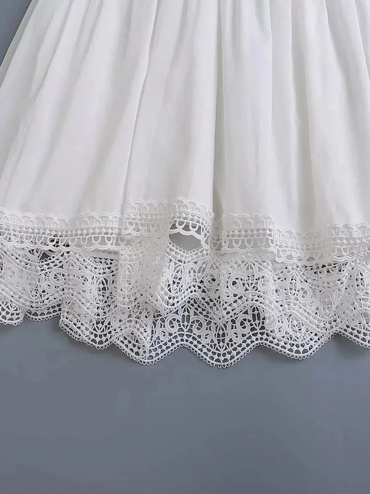 TRAF 2023 Summer New Dress Women\'s White Casual Chic Sexy Backless Crochet Embroidery Decoration Short Sling Dress