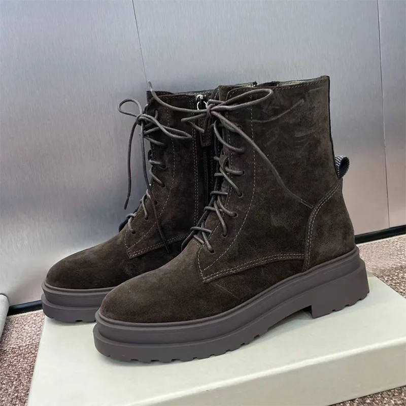 

New Short Boots Woman Round Toe Lace Up Suede Leather Motorcycle Boots Flat Shoes Women Chain String Bead Ankle Boots Women