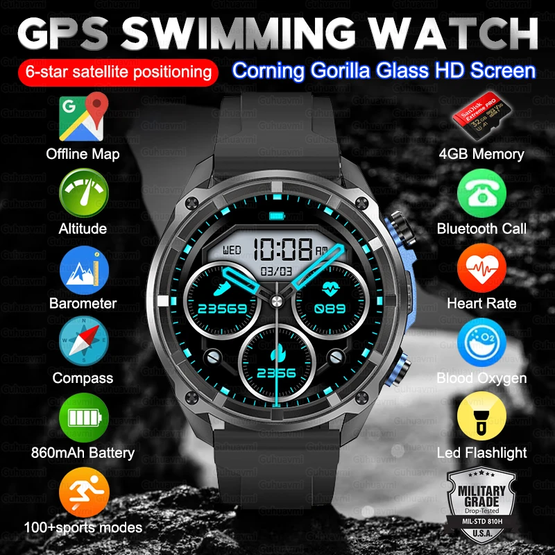 Military Dual-band GPS Positioning Smartwatch Men Waterproof Swimming ABC Sensor Heart Rate BT Call 4GB Memory Smart Watch Women
