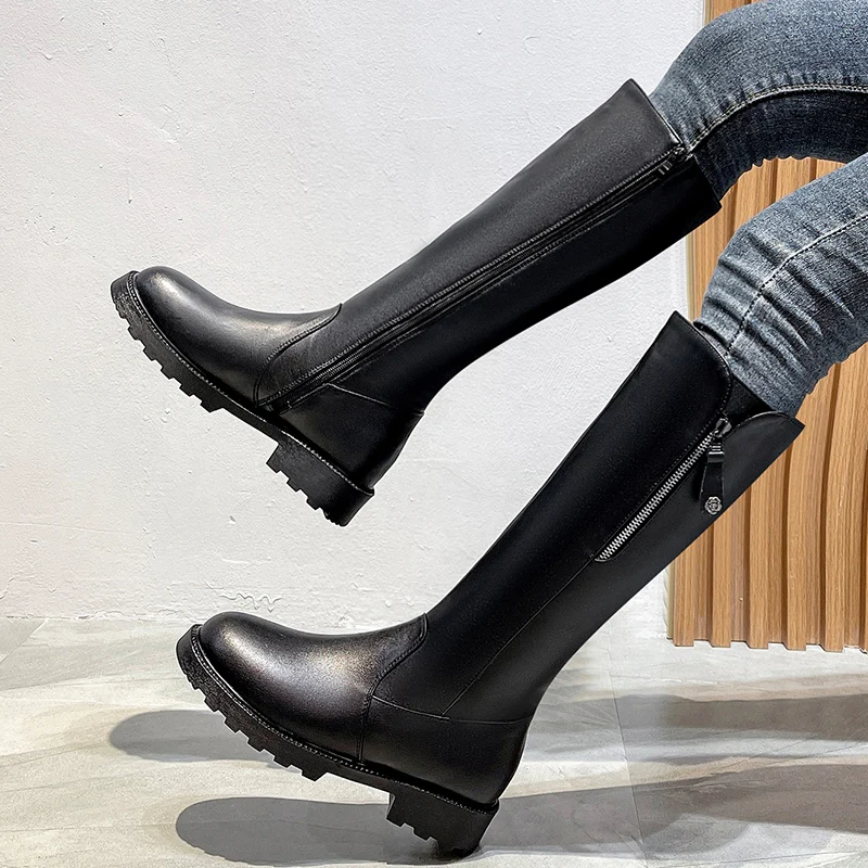 

Women Knee Med Heel Boots Woman Zipper Round Toe Boots-Women Over-the-Knee Autumn 2024 Lolita Rubber Ladies Rome PU Basic Fabri