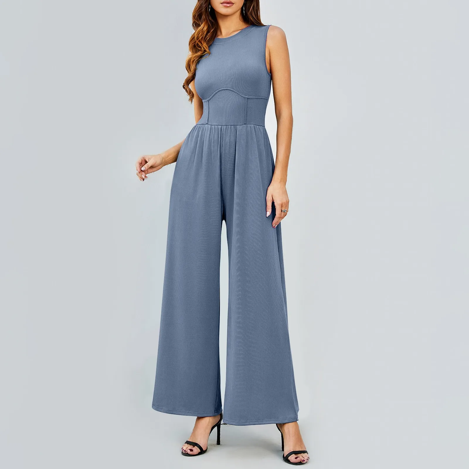 Women\'S Jumpsuits 2024 Casual Summer Sleeveless High Neck Rib Tank Top Wide Leg Pants Romper Tummy Control High Waist Jumpsuits