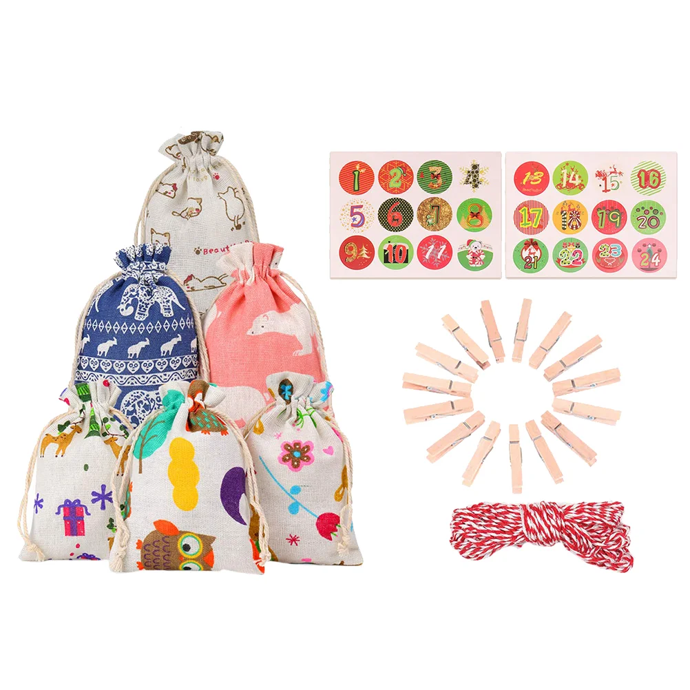 

51pcs DIY Christmas Countdown Calendar Gift Pouch Set Candy Bag Hanging Storage Bag Random Pattern (24 Pcs Bags + 24 Clips + 10m