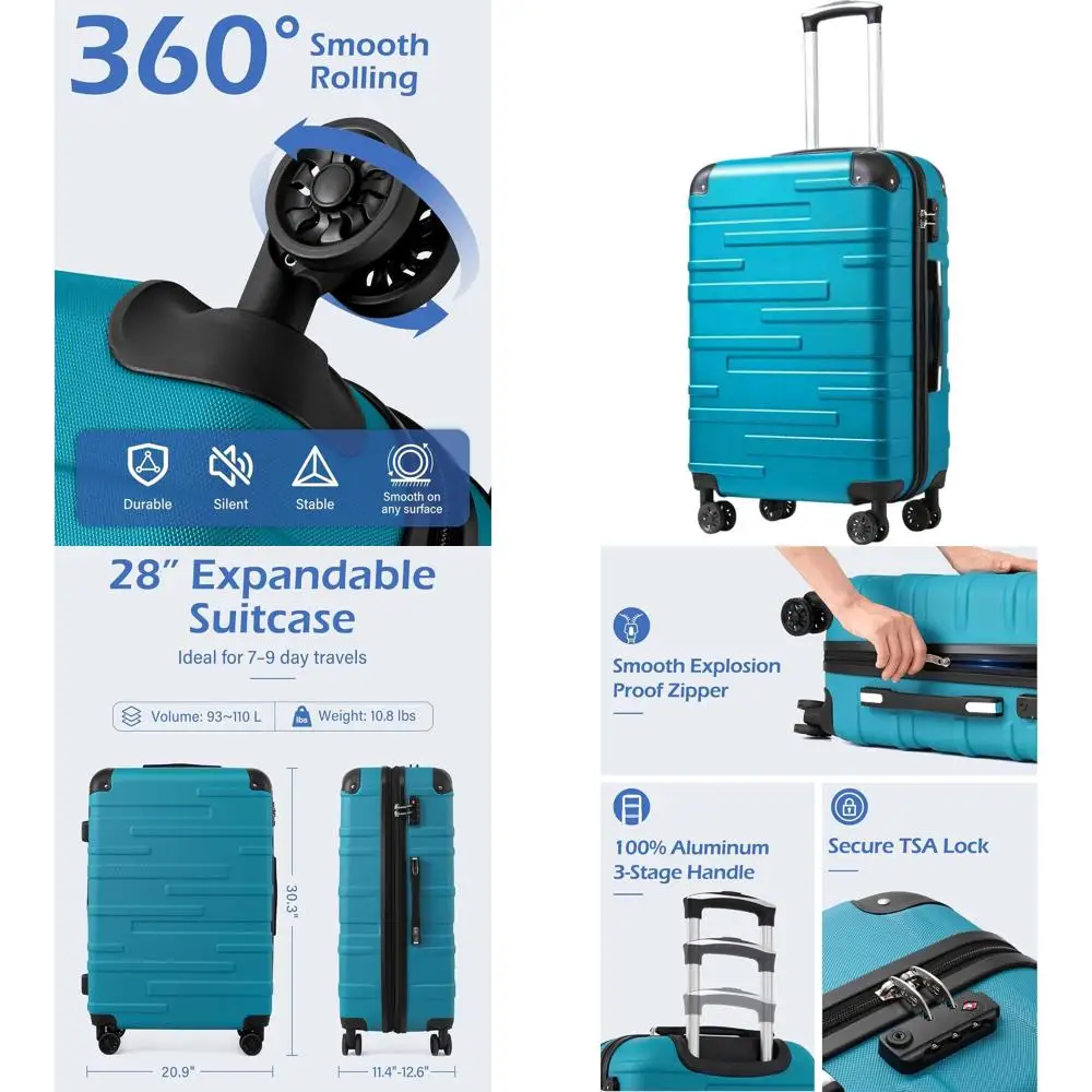 

Большой жесткий чемодан-спиннер с замком TSA, телескопической ручкой, легкий, цвет озерно-голубой (28 дюймов)