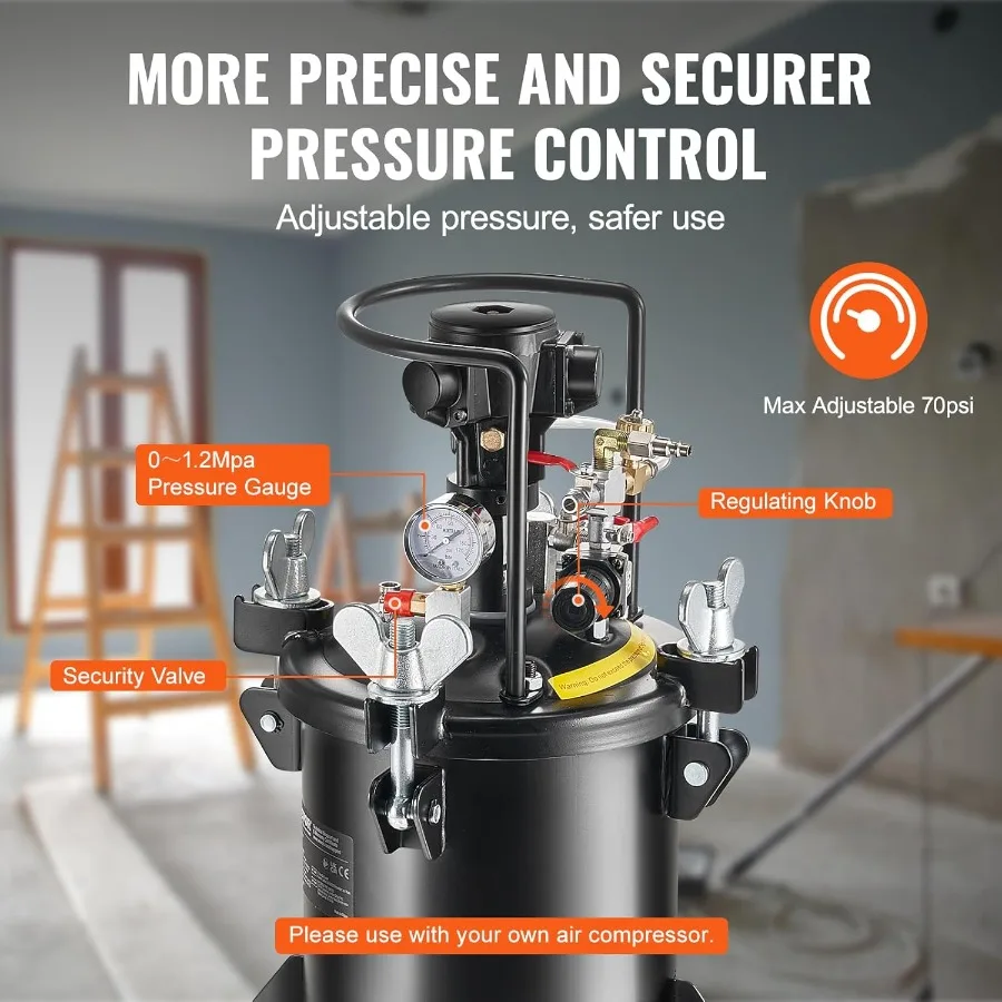 رذاذ الطلاء وعاء الضغط 10 لتر 2.5 جالون التلقائي بالكامل اثارة ضغط وعاء خزان 70 رطل لكل بوصة مربعة قابل للتعديل ضغط وعاء الطلاء T #5