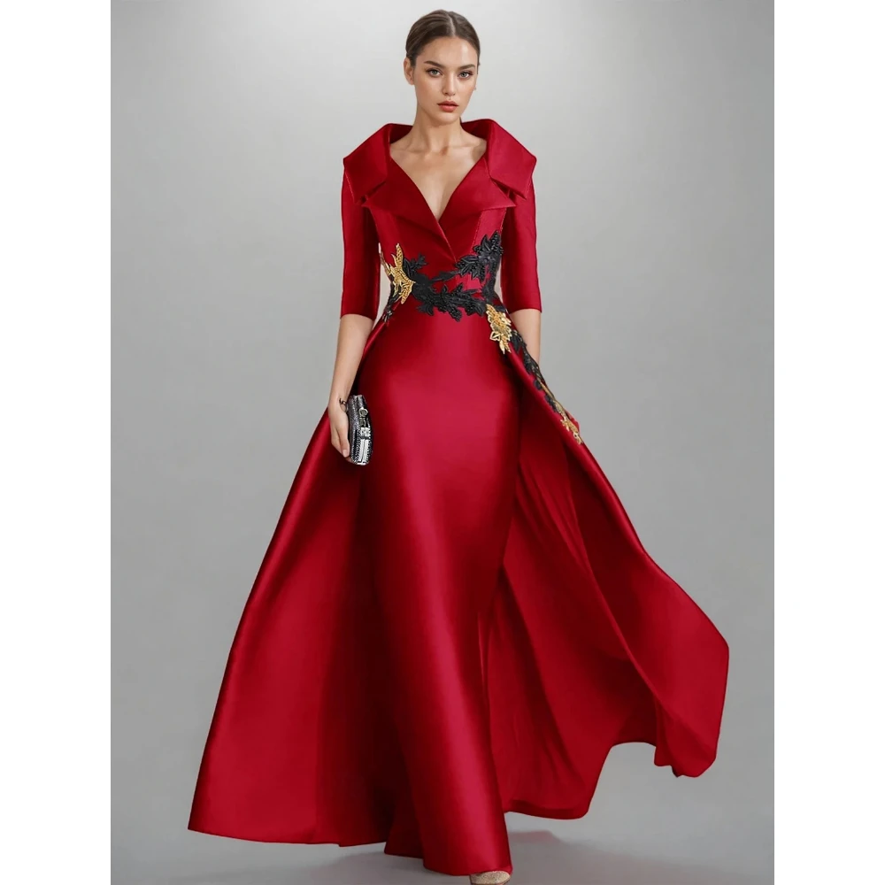 فستان سهرة أحمر عتيق مخصص من الساتان مزين على شكل حرف A فستان طويل أنيق بياقة قميص نصف كم فساتين الحفلات الرسمية