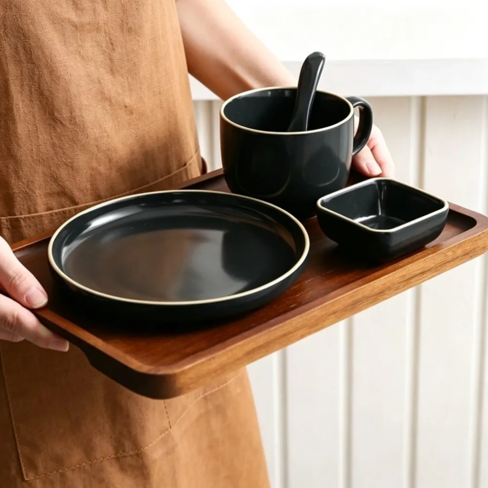 Acacia Wood Tray 34x23x2cm Rounded Edge Ear Handles for Charcuterie Boards For Tea Coffee Serving Kitchen Table Platter