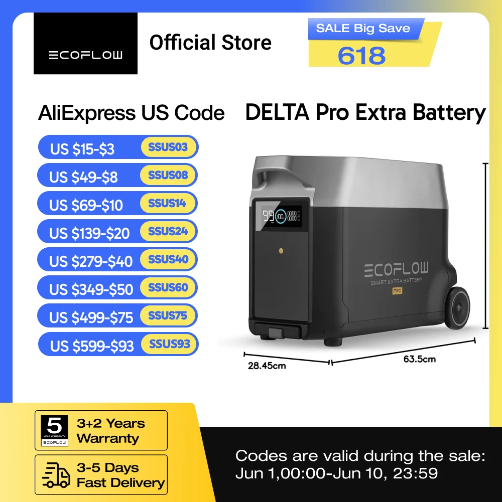 

ECOFLOW Portable Power Station 3600Wh DELTA Pro, 120V AC Outlets x 5, 3600W, 2.7H Fast Charge, Lifepo4 Power Station