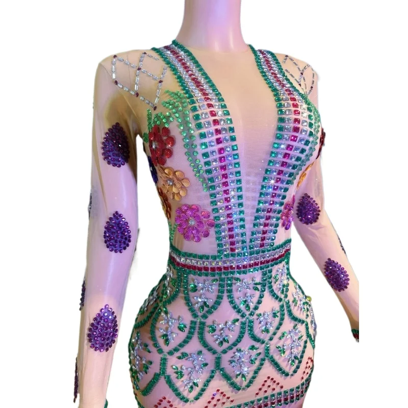 Sparkly Luxury Rhinestones Mesh See Through Cut Out Sexy Mini Dress Party Club Birthday Evening Celebrate Prom Gowns Stage Wear