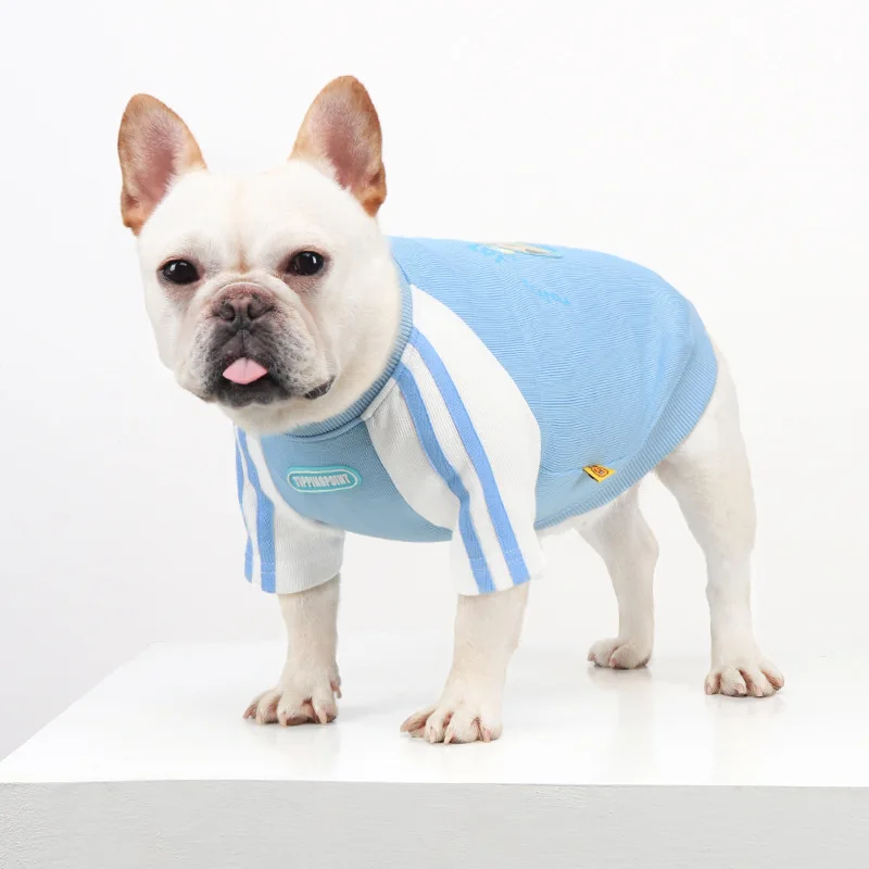 ملابس رياضية للكلاب، سترة بقلنسوة مخططة باللون الأزرق والأبيض للكلاب الصغيرة، ملابس الخريف للحيوانات الأليفة للبلدغ الفرنسي، الصلصال، بيشون فريز وبودل #4