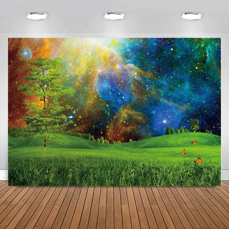 Fantasy Forest Backdrop Photography Aurora Starry Colorful Meadow Butterfly Background Party Banner Decoration Girls Boys Adults