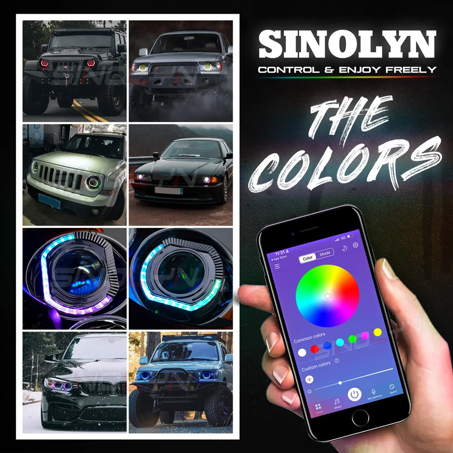 Sinolyn 2,5/3,0 Zoll RGB LED Angel Eyes Shrouds für Xenon LED Projektor Objektiv Revolving Dynamische Blinker Fließende Halo Blenden – Detail 11
