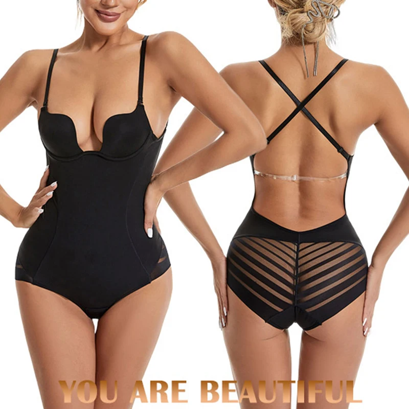 

BurVogue Thong Shapewear for Women Tummy Control Low Back U Plunge Backless Body Shaper Bra Low Back Bodysuit Daily Use