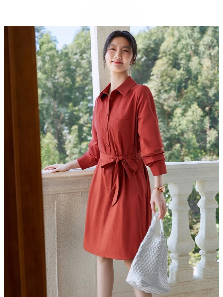 

Красное женское платье-рубашка с длинным рукавом, осеннее, новое, облегающее, подчеркивающее фигуру, элегантное, простое, для повседневной носки, из смесового хлопка.