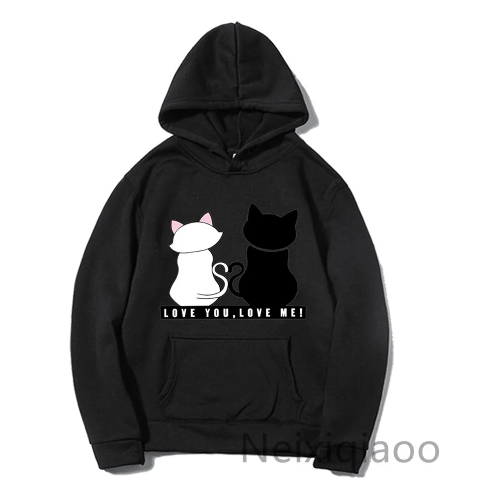 Plus Size Black And White Cat Couple Sweater Print Hoodie Women Men Autumn Winter Fleece Warm Long Sleeve Basic Female Pullover