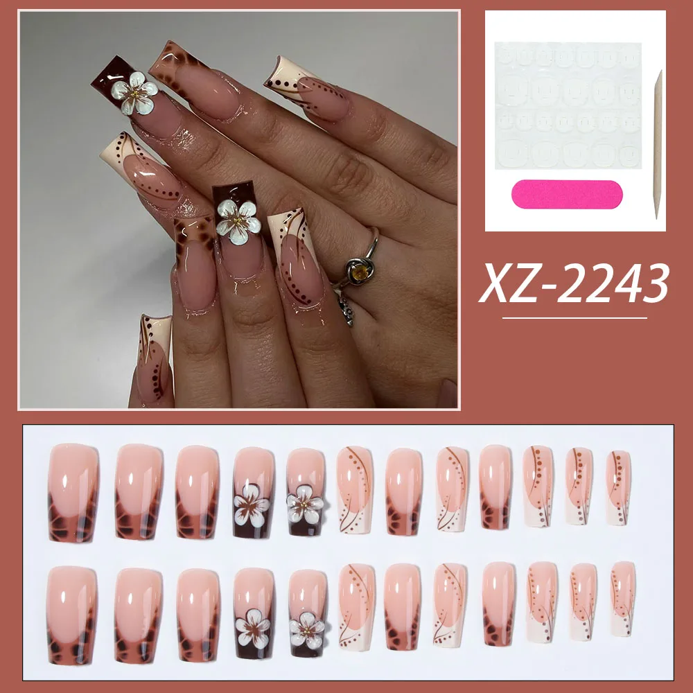 Eleve su estilo con 24 Uds. De uñas de gel tridimensionales 3D, hace uñas de flores con diseño de bola de acero pequeña, punta cuadrada francesa Pre