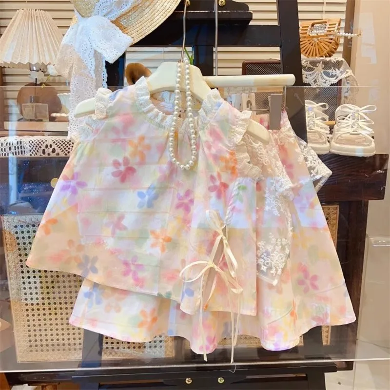 

TOY-Girls' Summer Floral Outfit New Stylish Fashionable Children's Summer Clothes Super Cute Toddler Skirt Two-Piece Set