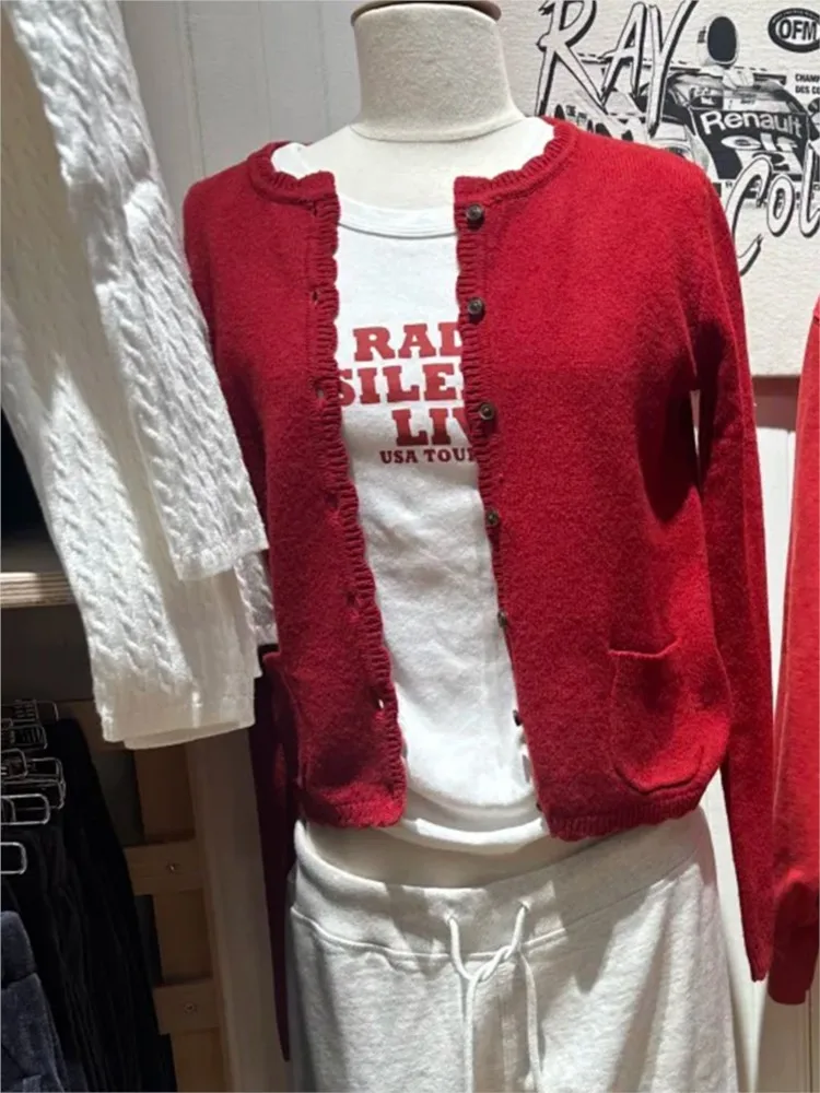 عيد الميلاد جيوب حمراء ضئيلة سترة مشغولة من الصوف امرأة س الرقبة طويلة الأكمام القطن البلوزات الحلو نمط Preppy تريكو معطف القمم