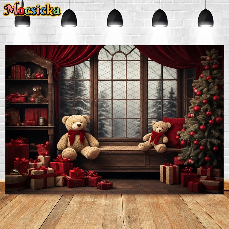 

Mocsicka Christmas Backdrop Photography Shooting Props Home Xmas Tree Window Bear Decoration Child Kid Portrait Photo Background