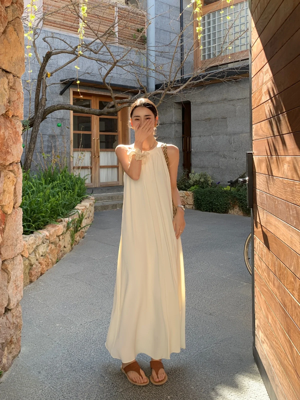 

Pusumede Peach Color Off-Shoulder Loose Long Dress Women's Elegant Neck Hanging Style Sleeveless Holiday Atmosphere Polyester...