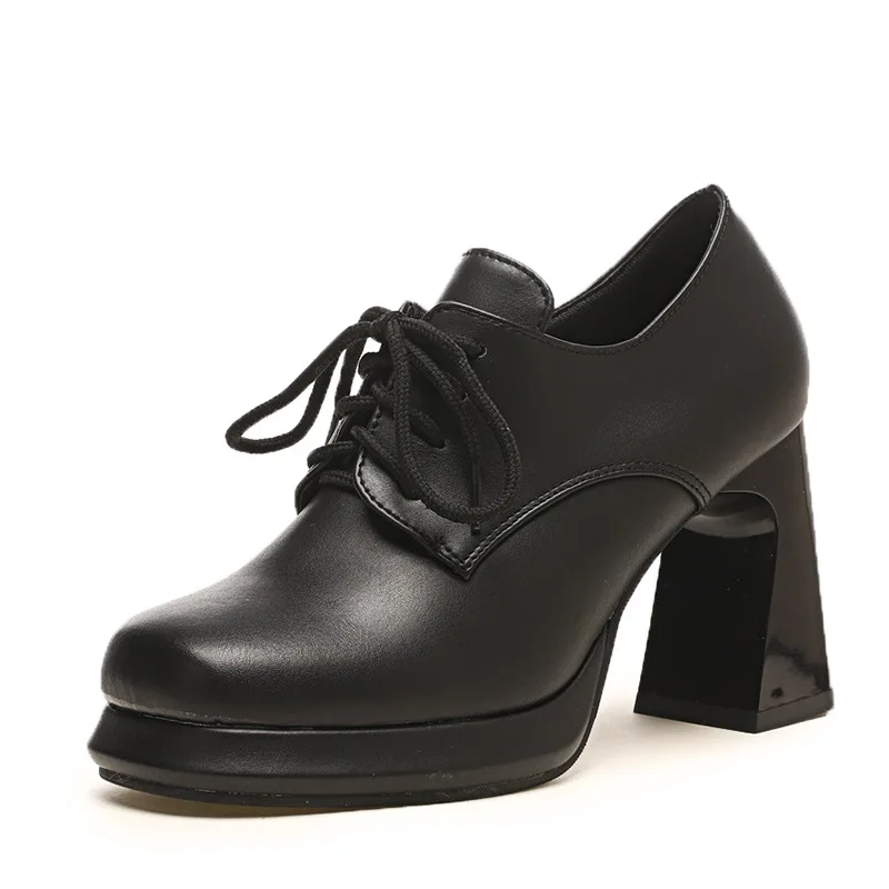 2024 New Square Head Lace-up Waterproof Platform High Heels Deep Mouth Single Shoes Women Thick Heels Thick Sole Women's Shoes