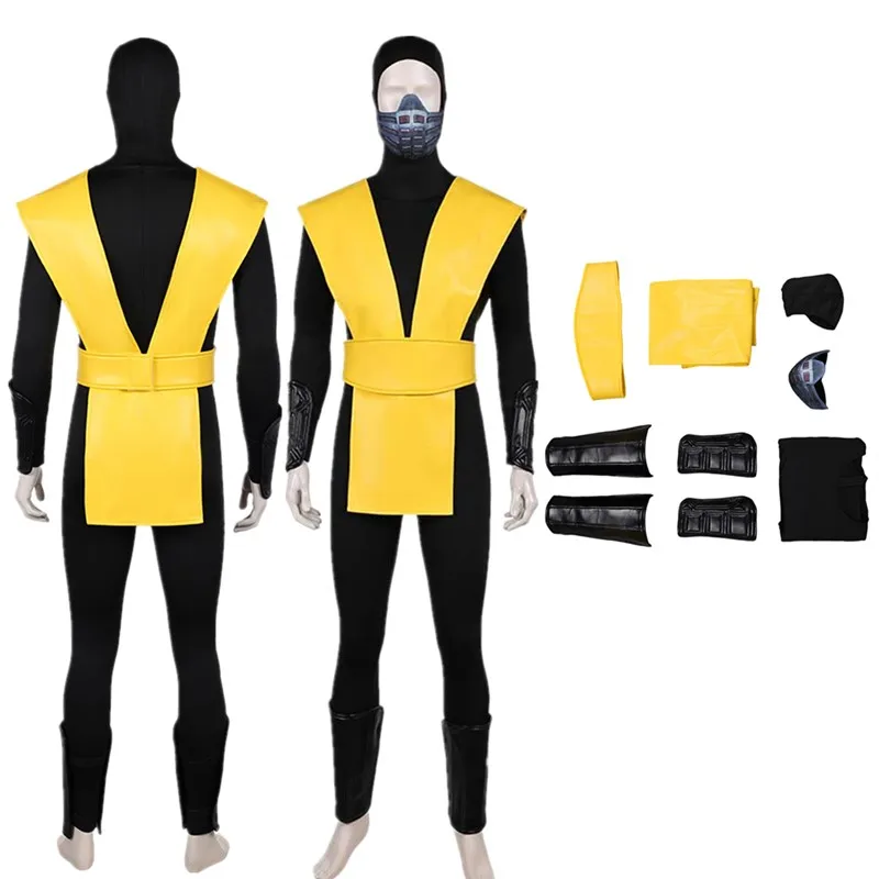 

Mortal Cosplay Kombat Scorpion Costume Adult Men Disguise Jumpsuit Mask Headband Belt Outfits Halloween Carnival Party Suit