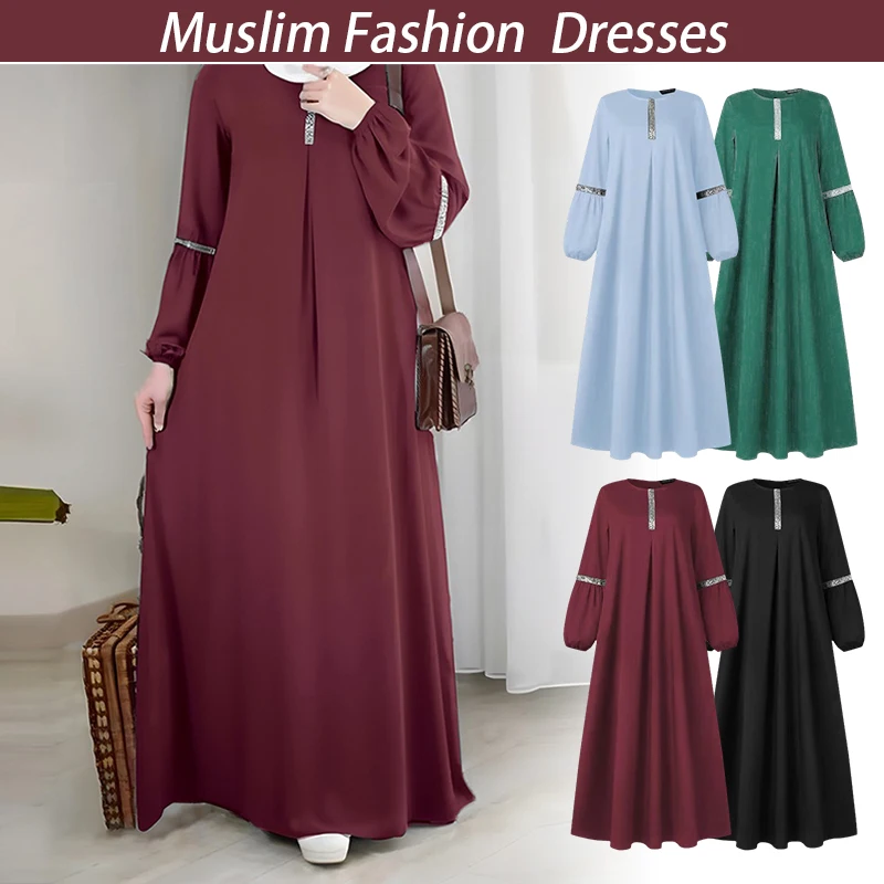 

Women's Muslim Sequin Dress Long Sleeve Abaya Middle Eastern Solid Loose Evening Robe Turkey Dubai Caftan Islamic Clothing Femme
