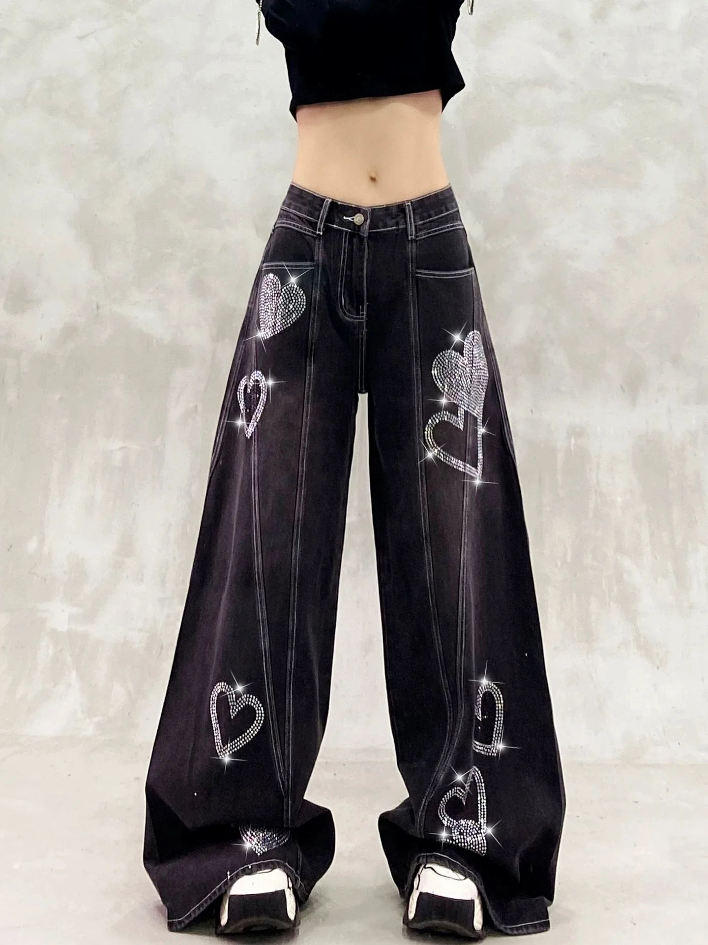 Women Y2K Wide Leg Jeans Sparkling Rhinestone Decorated High Waist Loose Slimming Straight Floor Jeans