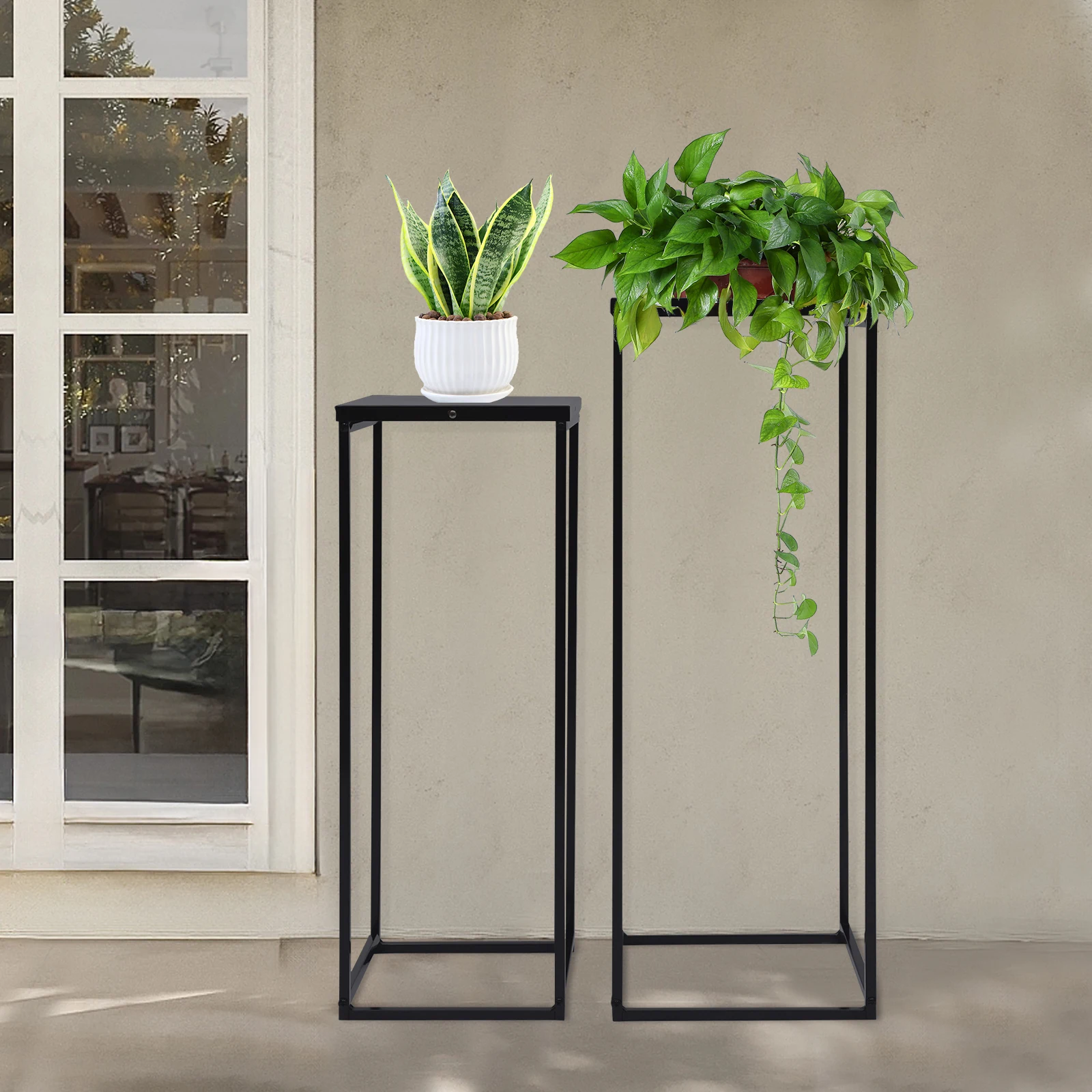 

Черный держатель для цветочного горшка из 2 предметов (25*25*70 см + 22*22*60 см), высоконесущая стойка для выставки товаров, штабелируемая стойка для хранения