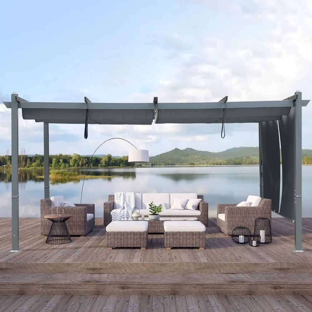 Pergola zewnętrzna 12 x 16 stóp z wysuwanym baldachimem, matową aluminiową ramą, pergola z winogronową kratą na podwórko i taras