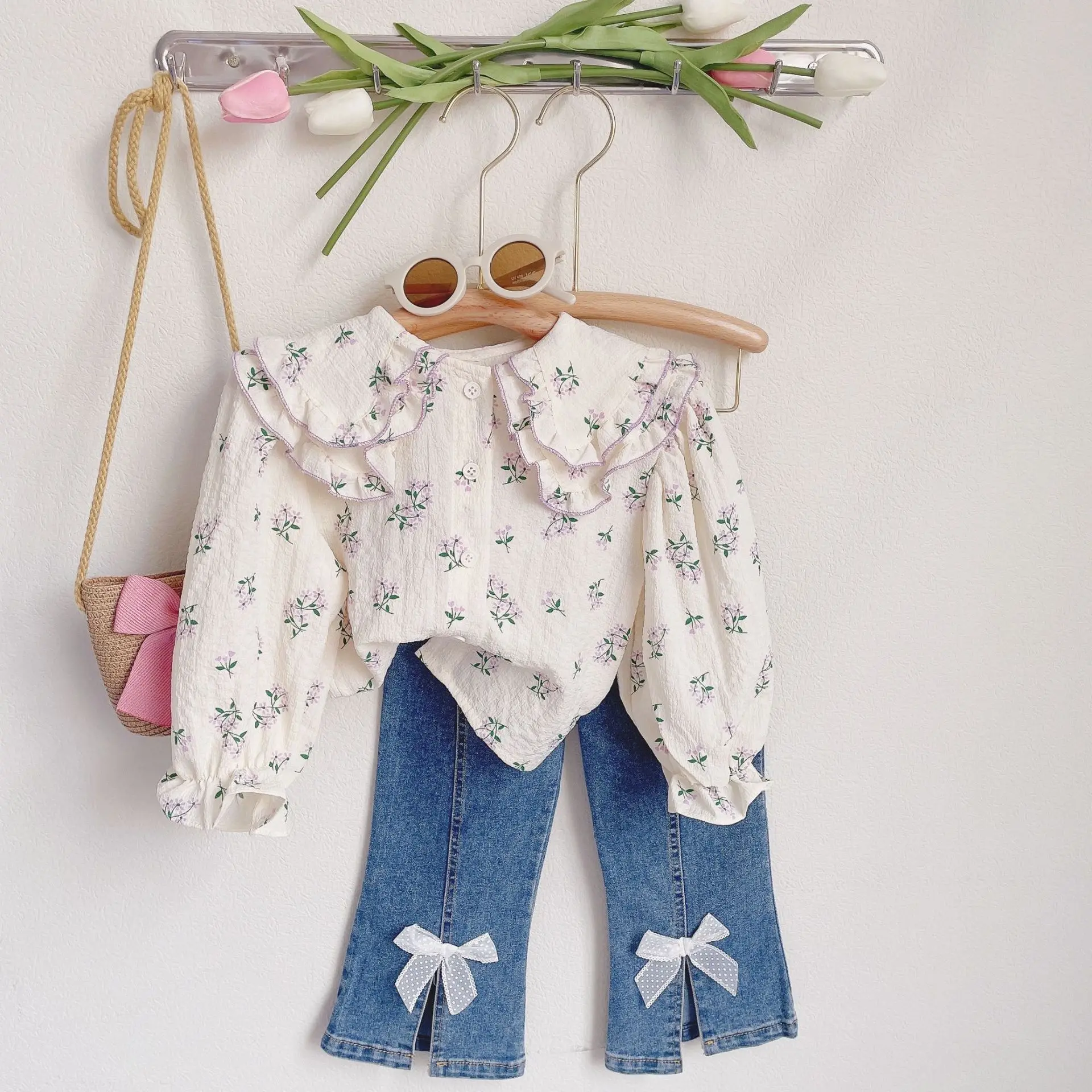 2022 Spring Autumn New Girls' Clothing Sets Lapel Long Sleeve Cute Floral Shirt + Fashionable Split Jeans With Bow Two-Piece Set