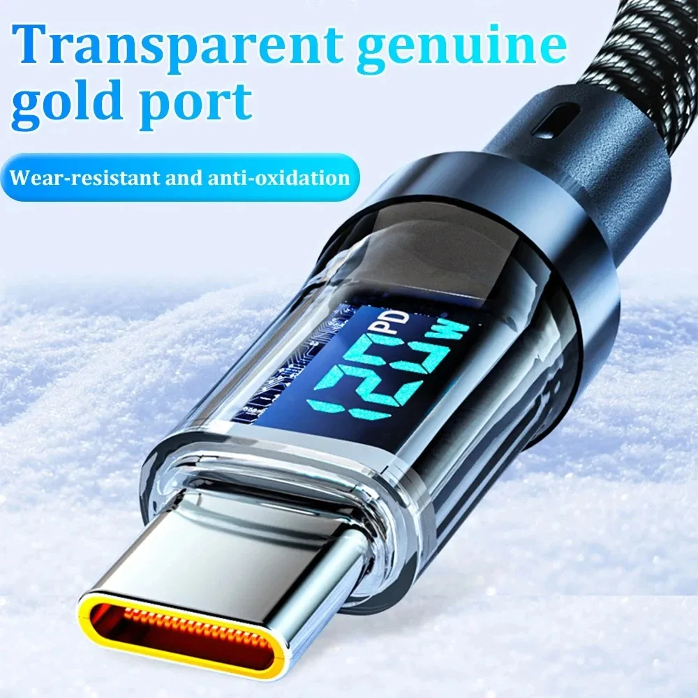كابل USB إلى النوع C بقدرة 120 وات، كابل شحن سريع للغاية مع شاشة LED 100 وات من النوع C إلى سلك بيانات من النوع C لهاتف Huawei Oppo Vivo
