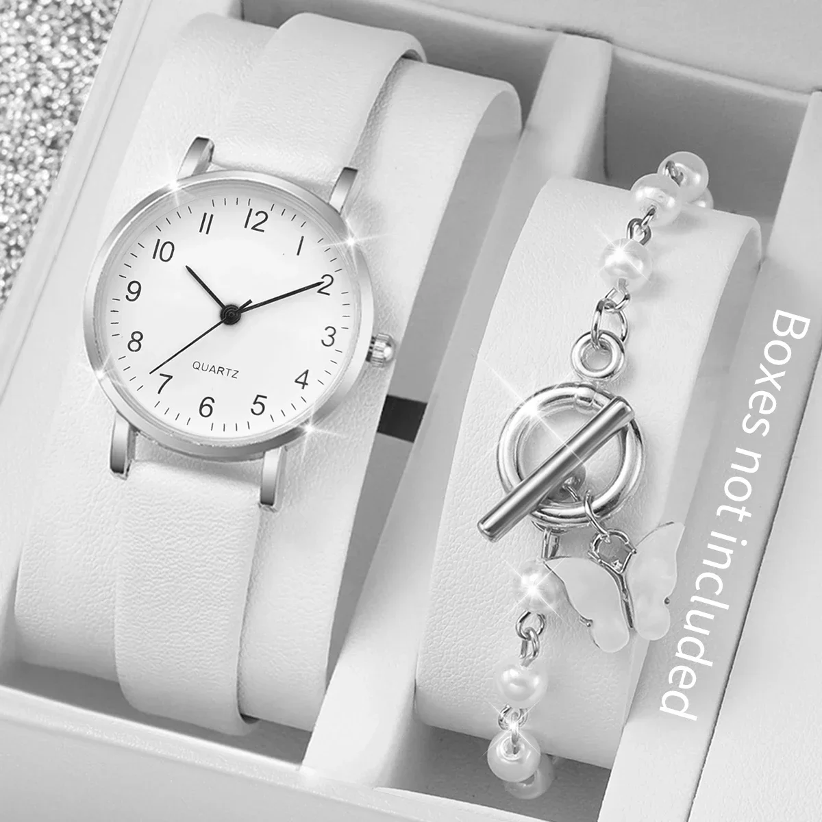 2PCS/Set Women's Watch Fashion Small Arabic Dial Leather Band Quartz Watches Pearls Butterfly Bracelet Set（Without Box）