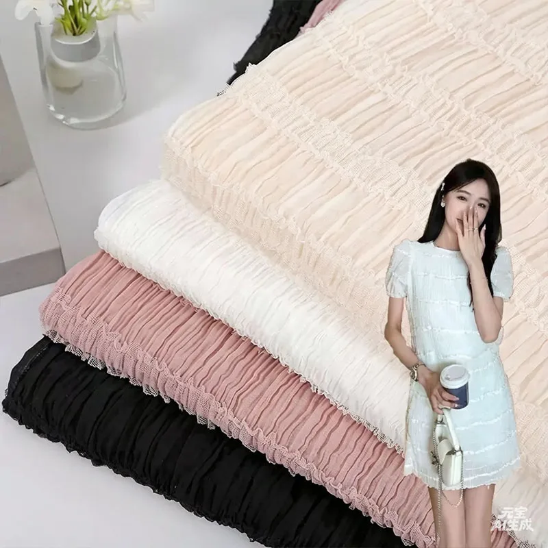

New Stretch Chiffon Striped Pleated Hook Embroidery Fabric Wedding Dress Women's Fabric Embroidery Fabric Sewing
