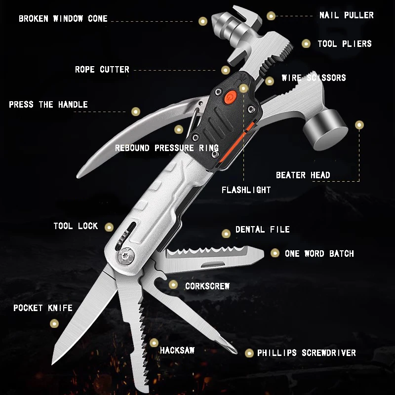 Aolacow Outdoor Multi functional Safety Hammer Pliers Multi purpose Portable Foldable Tool Pliers Camping Car Mounted Nail Lifti