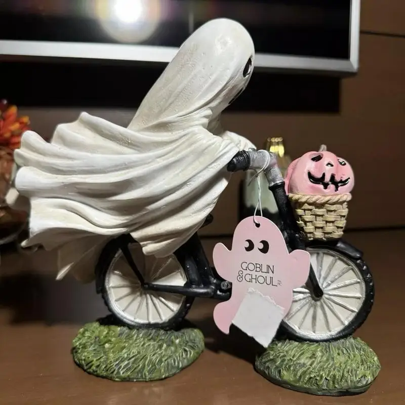 Ghost Riding On Bike Halloween Pink Pumpkin Statue Resin Ghost on Bike Riding Figurine for Halloween Decorations Party Props