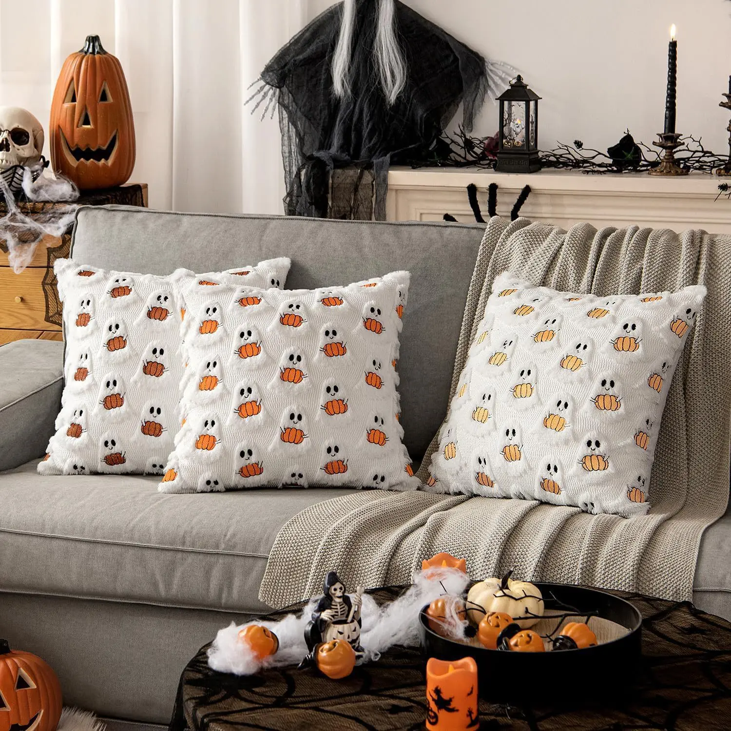 Ghost Pumpkin Plush Faux Fur Pillow Covers 18x18 Inch Soft Halloween Decor for Sofa Couch Bed Living Room, White Bright Orange