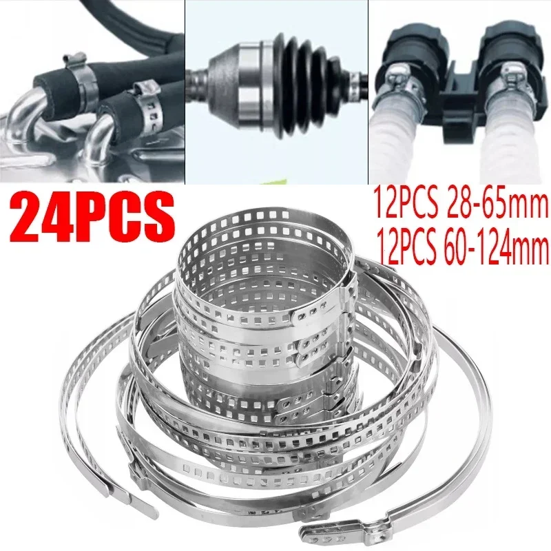 24pcs 28-124mm Stainless Steel Hose Clamps Adjustable Steering Shaft Axle Boot Clamps Fastening Fixing Clip Pipe Clamp