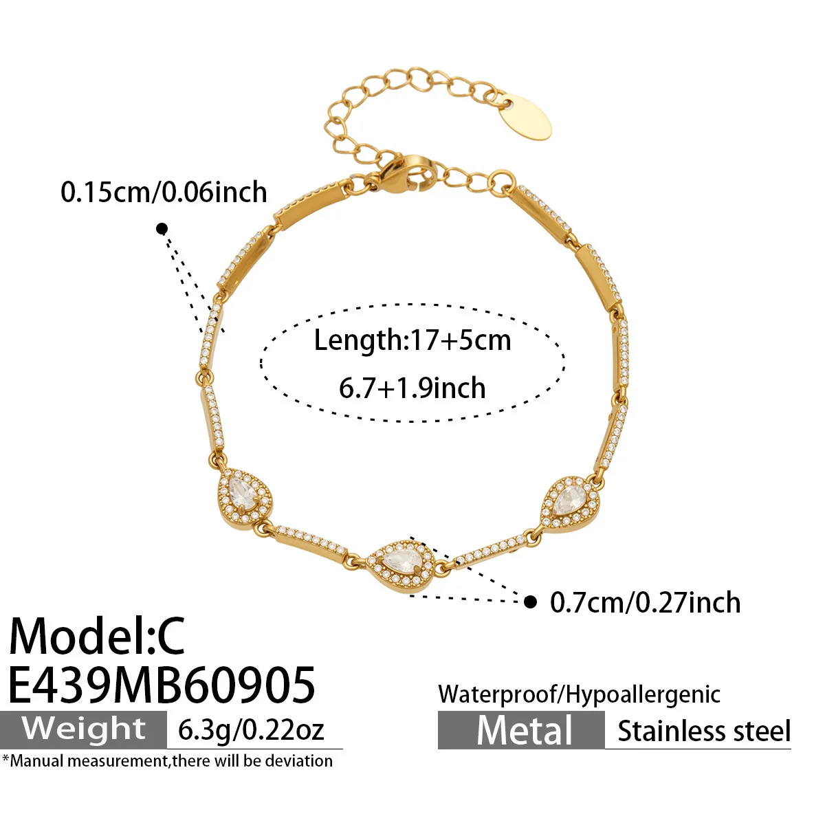 Funkelndes CZ-Armband, Edelstahl-Kettenarmband, quadratisches Herz-Tropfen-Zirkon-Armband, 18k vergoldete Armbänder für Damen – Detail 8