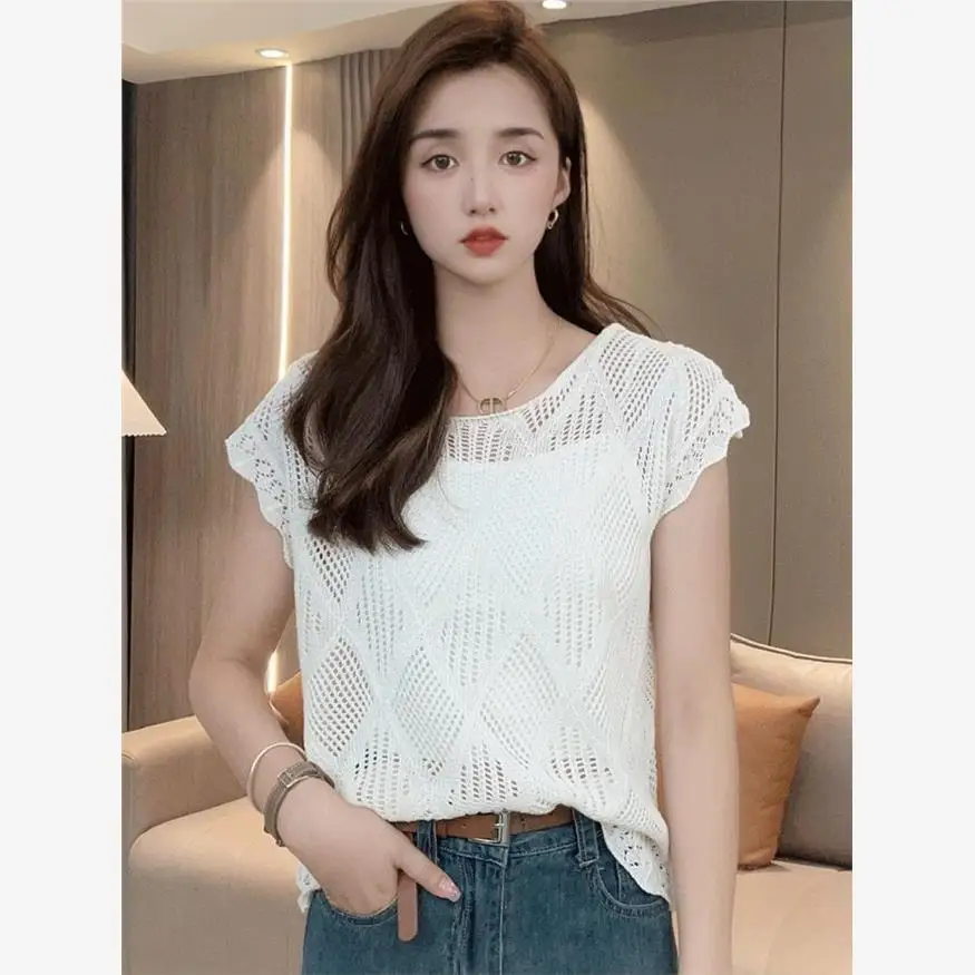 بلوزة نسائية صيفية 2024 بأكمام قصيرة مجوفة وتصميم رقبة مستديرة مكشوفة الظهر، نمط كوري أنيق، مقاس صغير